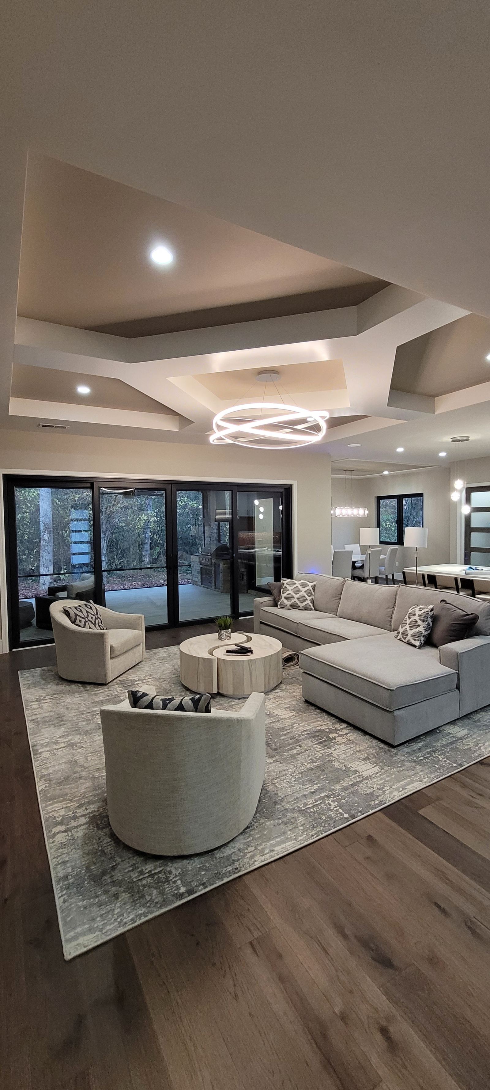 Coffered tray ceiling intersection with painted panel detail