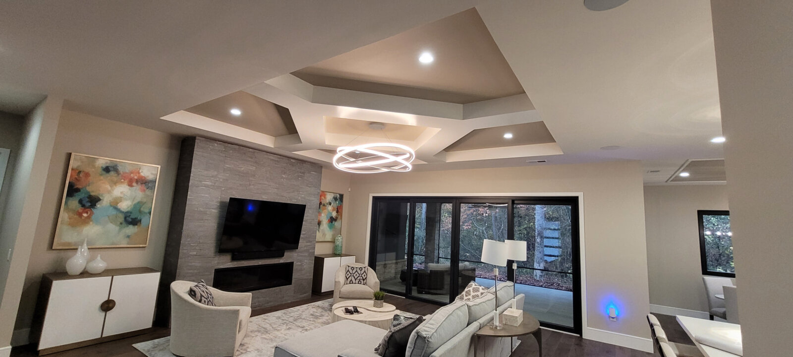 Coffered ceiling detail in a modern living room